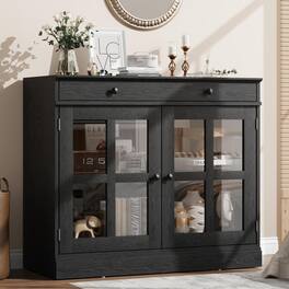 Acekool - 35.4" Oak Sideboard Buffet Cabinet with Glass Door & Drawer & Adjustable Shelf - Black
