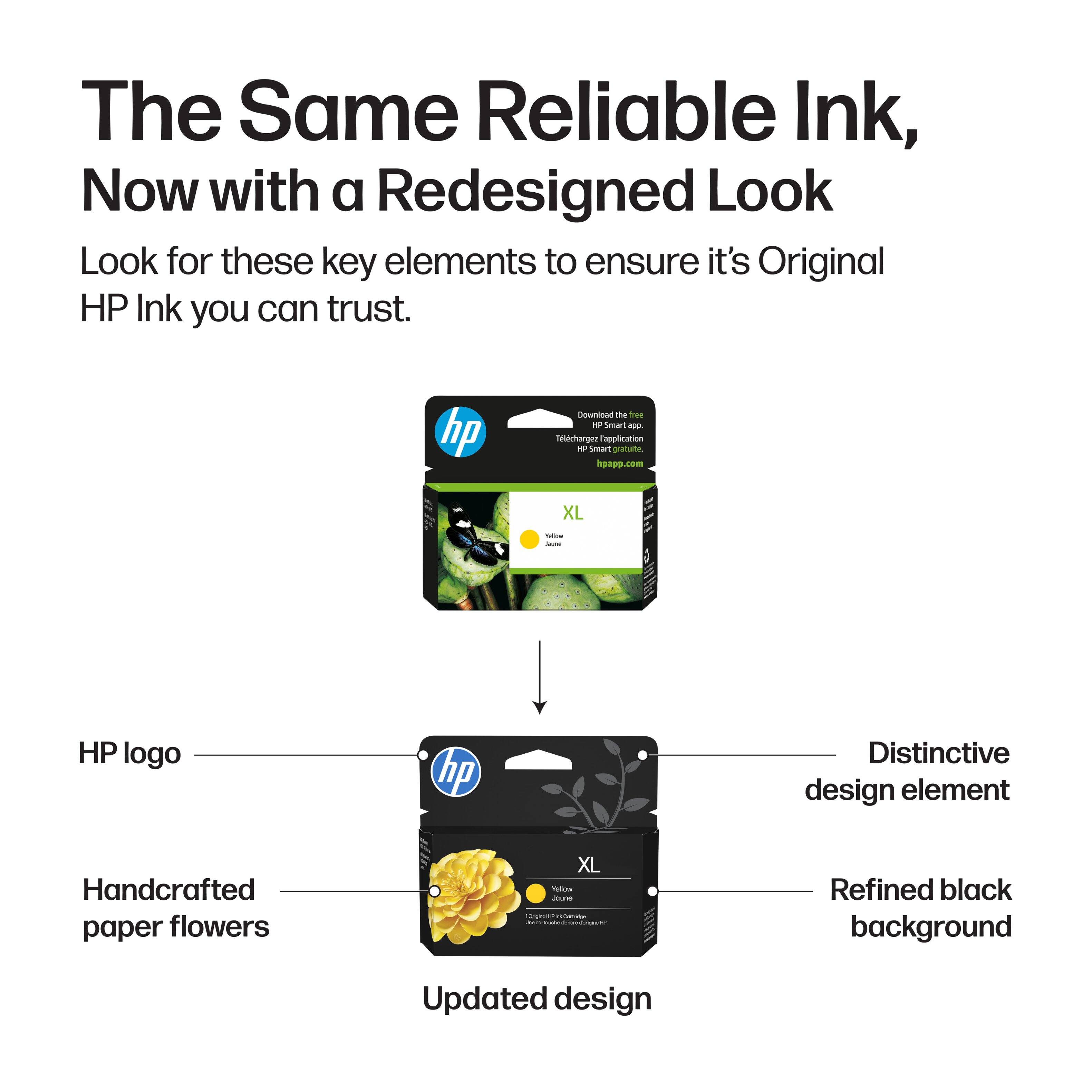 The Same Reliable Ink, Now with a Redesigned Look

Look for these key elements to ensure it's Original HP Ink you can trust.

- HP logo
- Handcrafted paper flowers
- Distinctive design element
- Refined black background
- Updated design

Download the free HP Smart - Tintcharge Application
hpapp.com