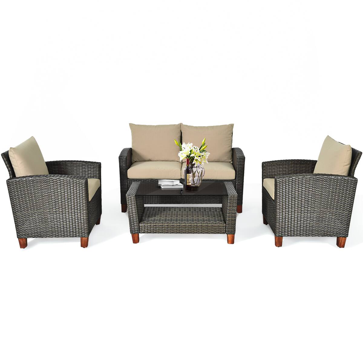 Alt View 1. Gymax - Gymax 4PCS Cushioned Rattan Conversation Set w/ Coffee Table Patio Outdoor - Beige.