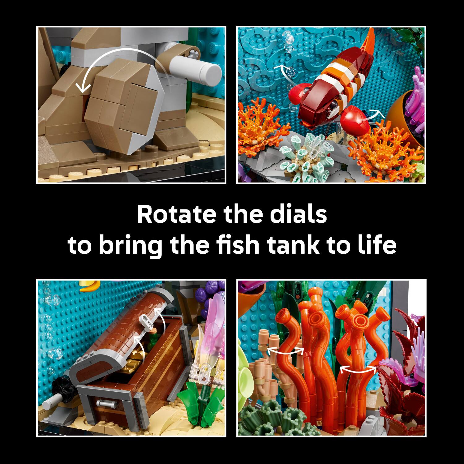 Rotate the dials to bring the fish tank to life