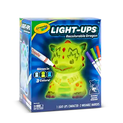LIGHT-UPS
Crayola LIGHT-UPS Recolorable Dragon
Crayola Glows in 3 Colors!
1 LIGHT-UPS CHARACTER - 3 WASHABLE MARKERS
REUSABLE SHATTER RESISTANT
3x WASHABLE MARKERS