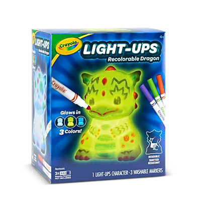 LIGHT-UPS  
Crayola LIGHT-UPS Recolorable Dragon  
Crayola Glows in 3 Colors!  
1 LIGHT-UPS CHARACTER - 3 WASHABLE MARKERS  
REUSABLE SHATTER RESISTANT  
3x WASHABLE MARKERS