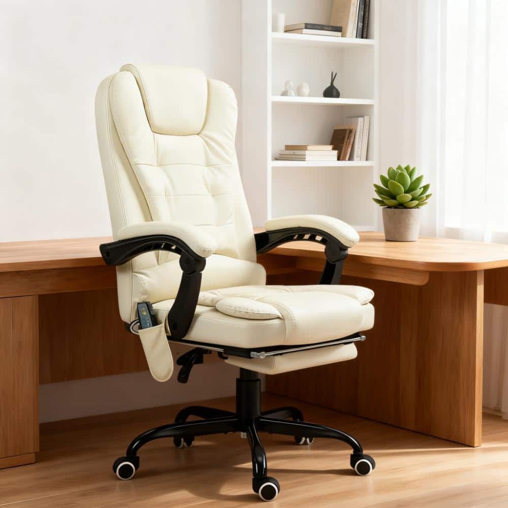 Aukfa - Massaging Office Desk Chair,Massage Office Chair High Back with Lumbar Support, Footrest - Cream