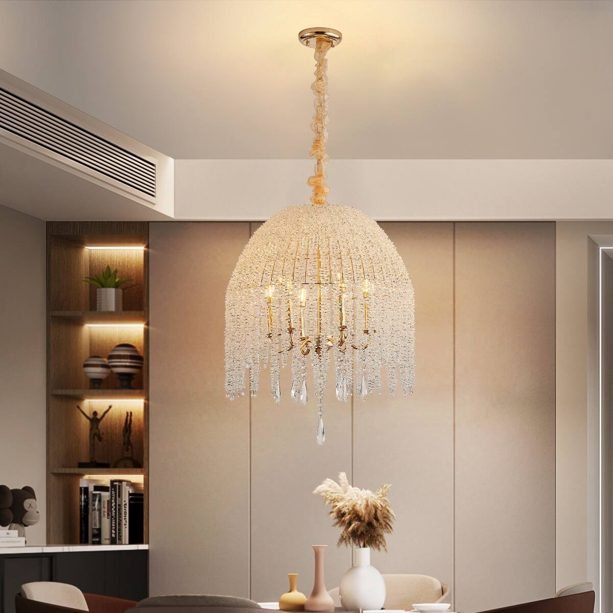 Left. Loheer - Loheer K9 Crystal Pendant Light, Gold Waterfall Chandelier with Six Lights, Twenty Inch.