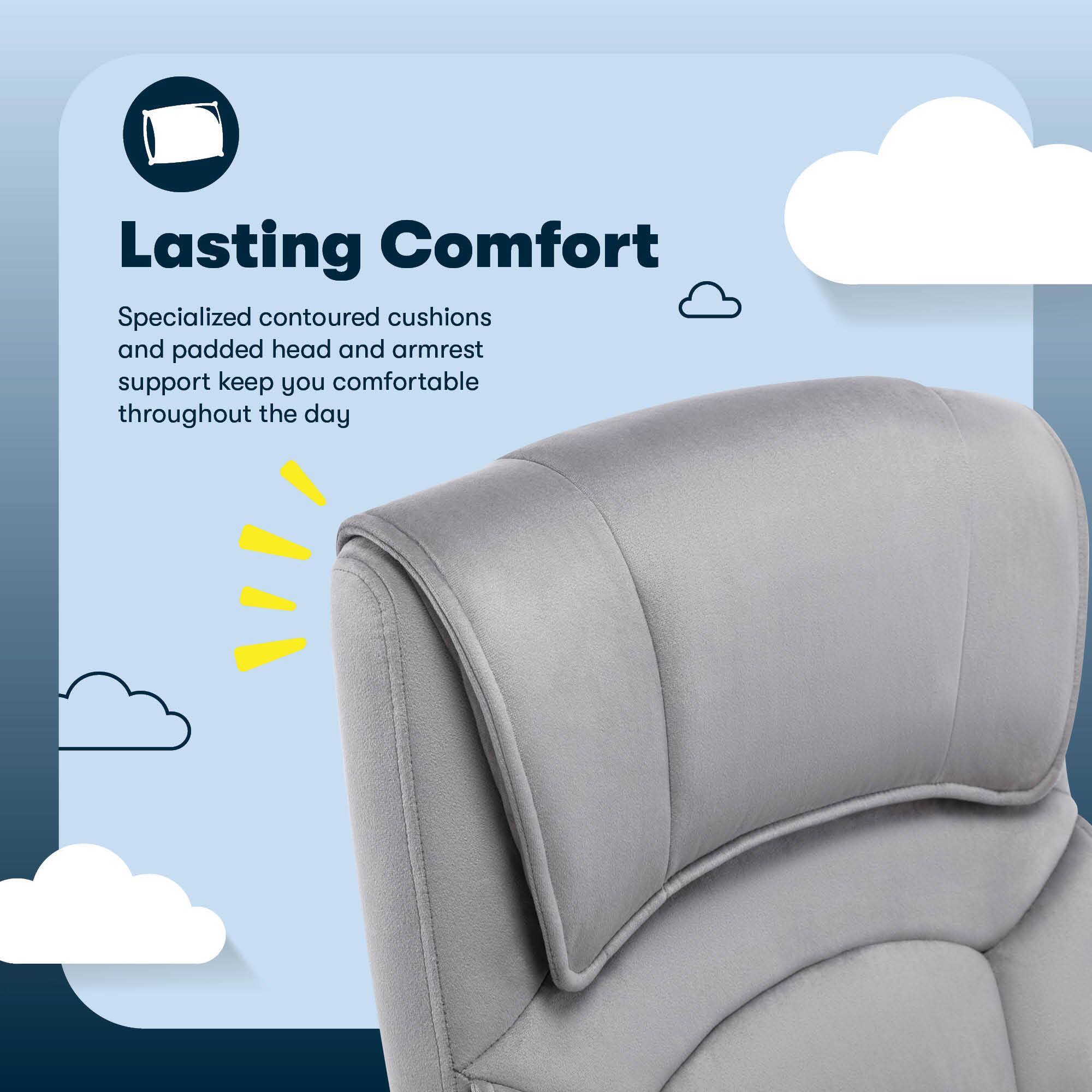 Lasting Comfort: Specialized contoured cushions and padded head and armrest support keep you comfortable throughout the day.