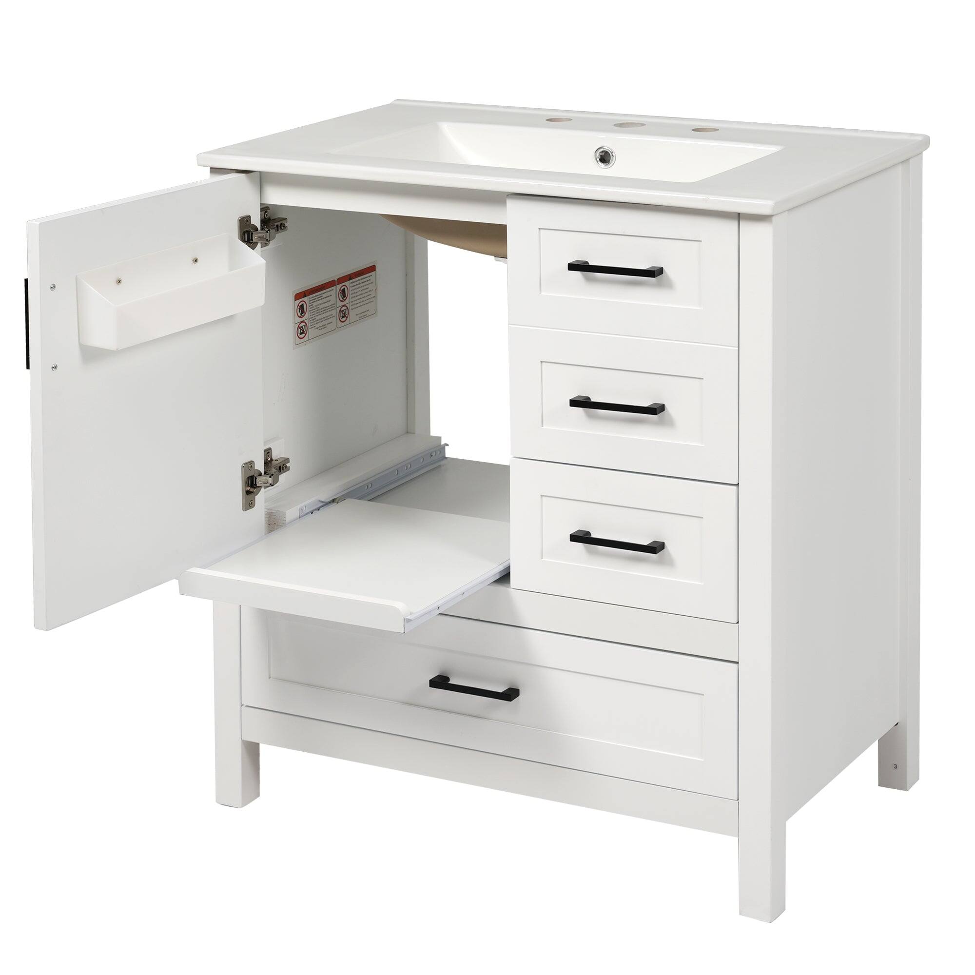Back. Boyel Living - 30 Inch White Bathroom Vanity with Ceramic Sink Soft Close Storage and Solid Wood Frame - White.