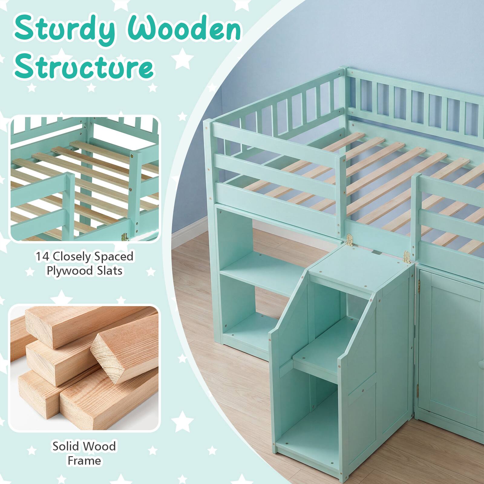 Sturdy Wooden Structure  
14 Closely Spaced Plywood Slats  
Solid Wood Frame