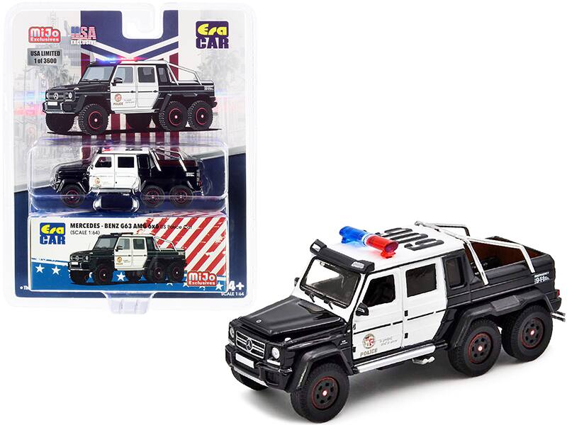 Mercedes Benz G63 AMG 6x6 Pickup Truck U.S. Police Car 1/64 Diecast Model Car by Era Car - Black and White