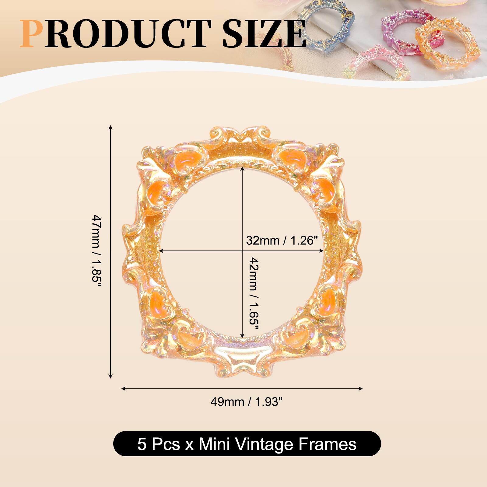 PRODUCT SIZE

47mm / 1.85"  
32mm / 1.26"  
42mm / 1.65"  
49mm / 1.93"  

5 Pcs x Mini Vintage Frames