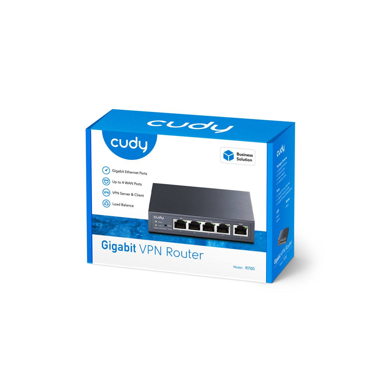 cudy Business Solution  
Gigabit VPN Router  
Model: R700  

- Gigabit Ethernet Ports  
- Up to 4 WAN Ports  
- VPN Server & Client  
- Load Balance