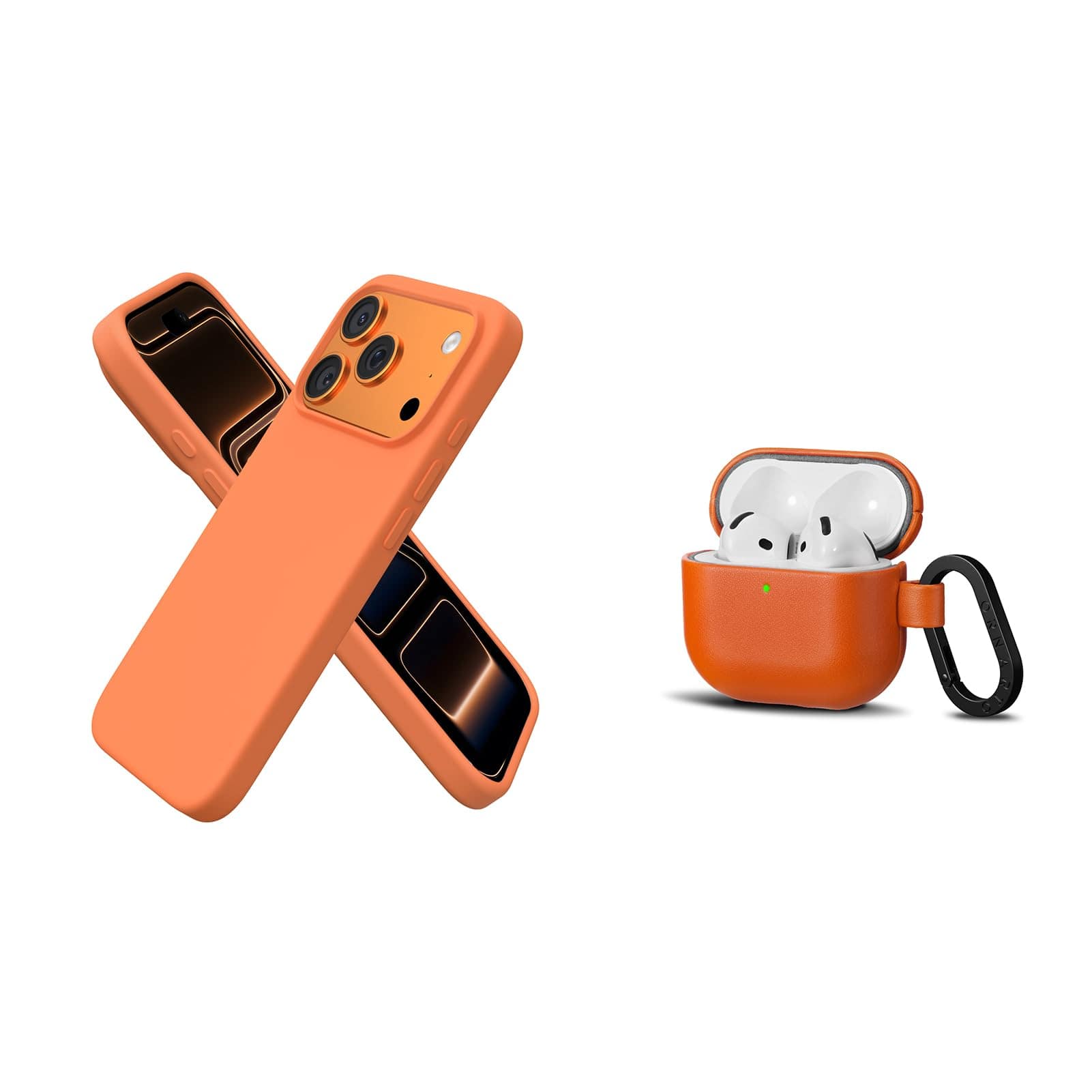 Ornarto - Silicone for iPhone 17 Pro Case 6.3" Amour and Leather for AirPods 4 Case in Classic - Orange