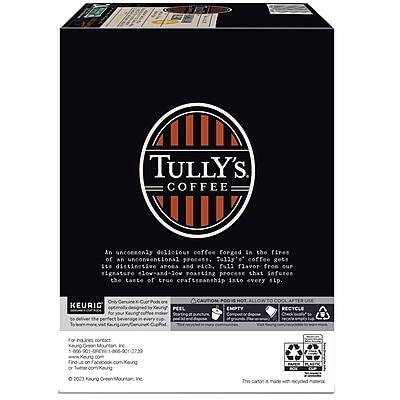 TULLY'S COFFEE  
An uncommonly delicious coffee forged in the fires of an unconventional process. Tully's coffee has a distinctive aroma and rich, full flavor from our signature slow-and-low roasting process that infuses the taste of true craftsmanship into every sip.

KEURIG  
Perfectly designed for Keurig® 2.0  
Fits all the perfect beverage machines made by Keurig®

For purchase assistance, call 1-800-772-7299  
www.keurig.com  
or contact@keurig.com

© 2023 Keurig Green Mountain, Inc.

This carton is made with recycled materials.