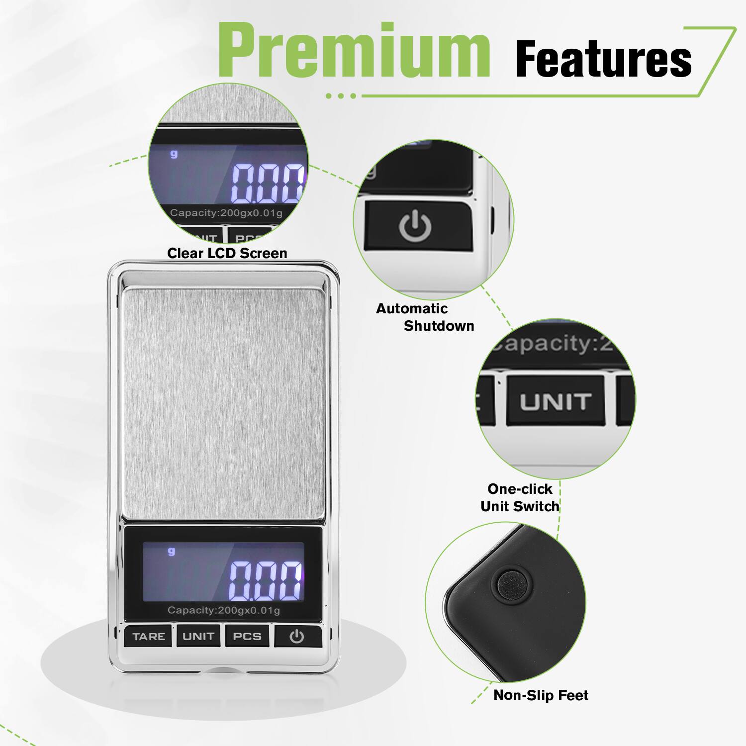 Premium Features

- Clear LCD Screen
- Automatic Shutdown
- One-click Unit Switch
- Non-Slip Feet
- Capacity: 200gx0.01g
- UNIT: PCS