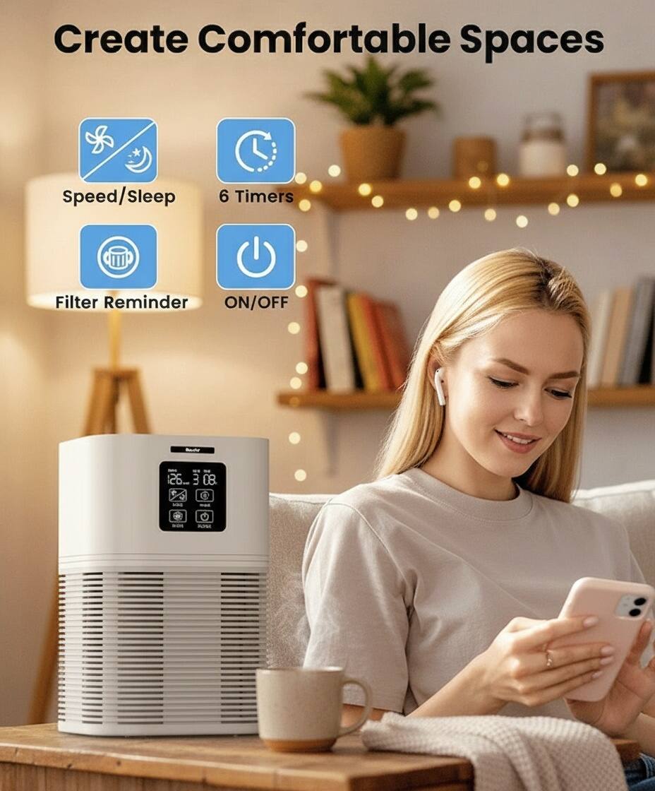 Create Comfortable Spaces

- Speed/Sleep
- 6 Timers
- Filter Reminder
- ON/OFF