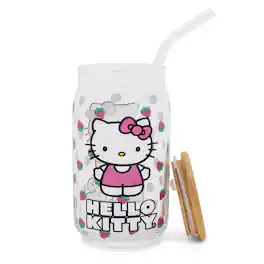 Silver Buffalo - Sanrio Hello Kitty Strawberry 16-Ounce Glass Tumbler With Bamboo Lid and Straw - White