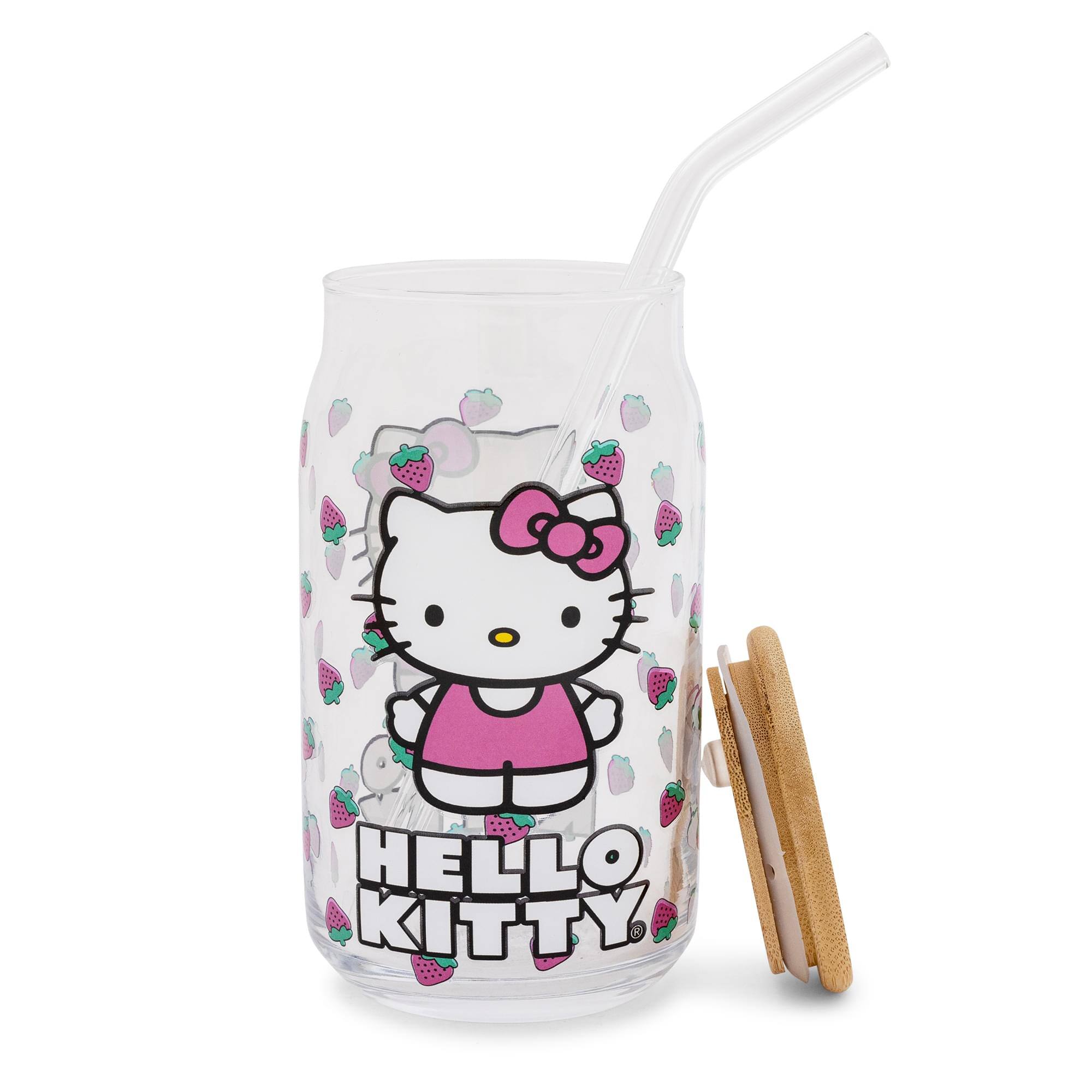Silver Buffalo - Sanrio Hello Kitty Strawberry 16-Ounce Glass Tumbler With Bamboo Lid and Straw - White