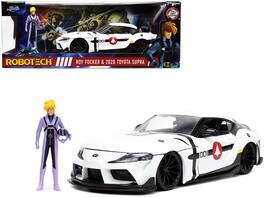 Jada - 2020 Toyota Supra and Roy Focker Diecast Figurine "Robotech" "Hollywood Rides" Series 1/24 - White
