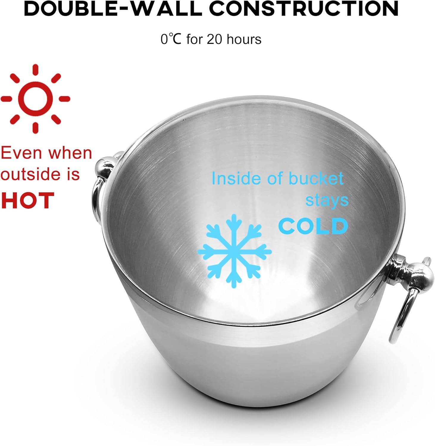 DOUBLE-WALL CONSTRUCTION  
0°C for 20 hours  

Even when outside is HOT  

Inside of bucket stays COLD