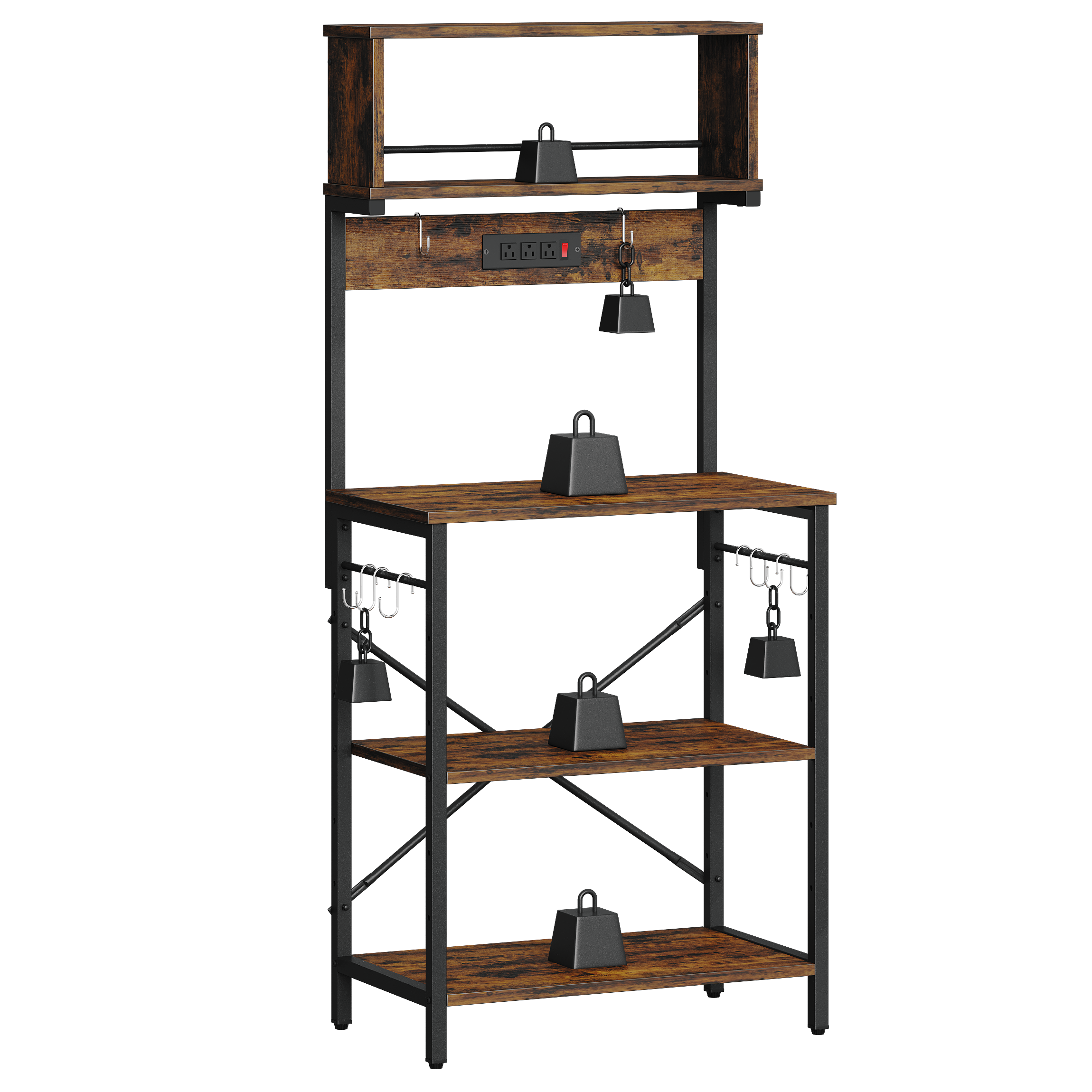 Angle. Bestier - 60-inch 5-Tier Kitchen Bakers Rack with 3 Outlets 8 S-Hooks Microwave Cart - Rustic Brown.