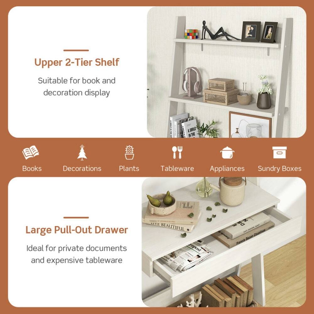 Upper 2-Tier Shelf  
Suitable for book and decoration display  

Books Decorations Plants Tableware Appliances Sundry Boxes  

Large Pull-Out Drawer  
Ideal for private documents and expensive tableware  

LIVE BEAUTIFUL