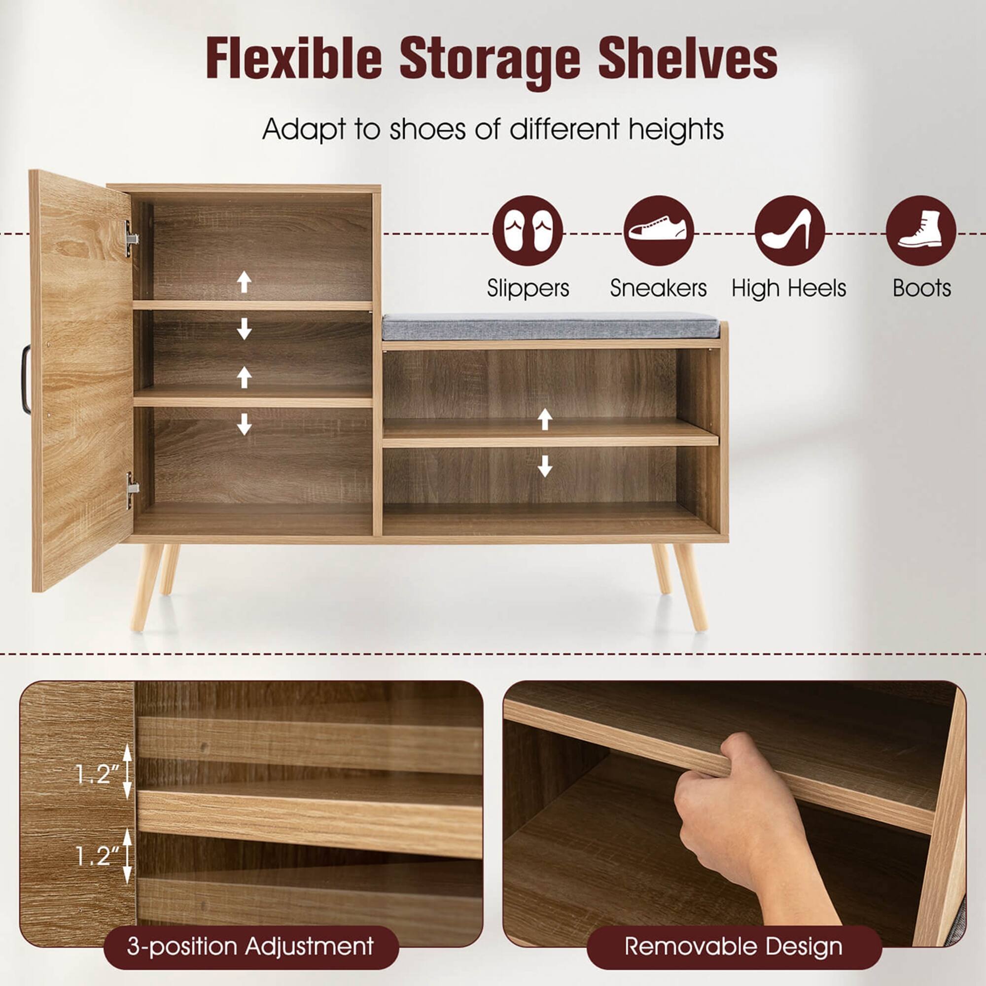 Flexible Storage Shelves Adapt to shoes of different heights Slippers Sneakers High Heels Boots 1.2" 1.2" 3-position Adjustment Removable Design