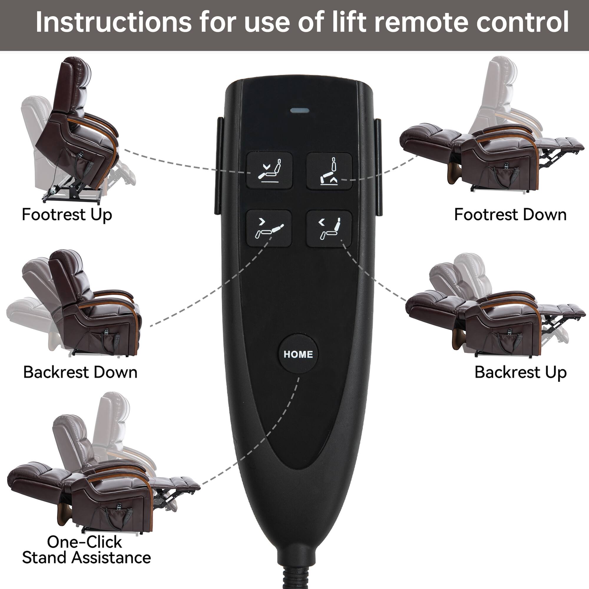 Instructions for use of lift remote control

- Footrest Up
- Footrest Down
- Backrest Down
- Backrest Up
- One-Click Stand Assistance
- HOME