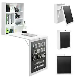 Gymax - Wall Mounted Table Fold Out Convertible Desk with A Blackboard/Chalkboard - White