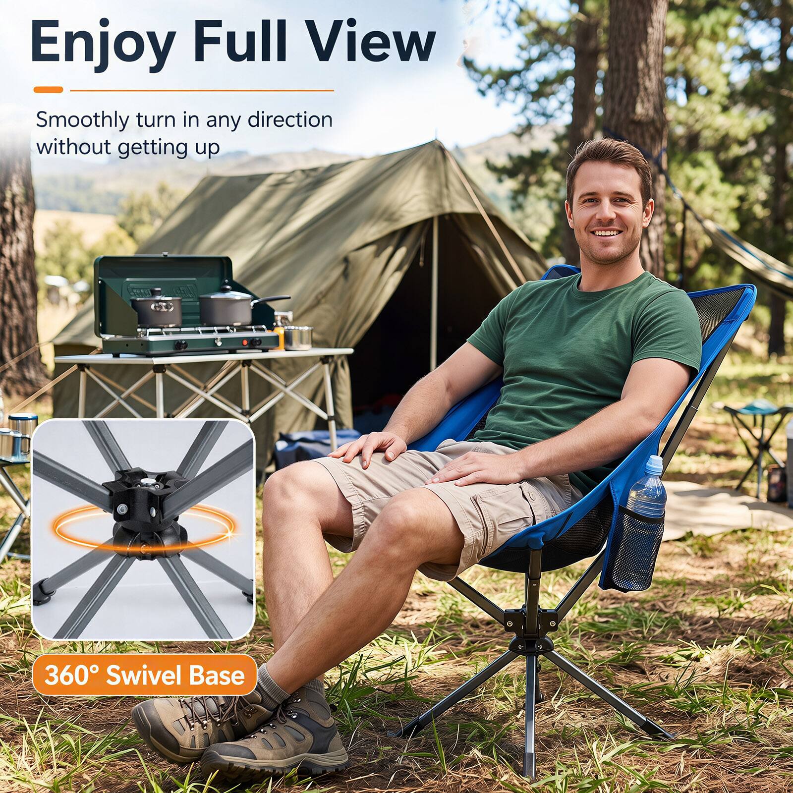 Enjoy Full View  
Smoothly turn in any direction without getting up  

360° Swivel Base