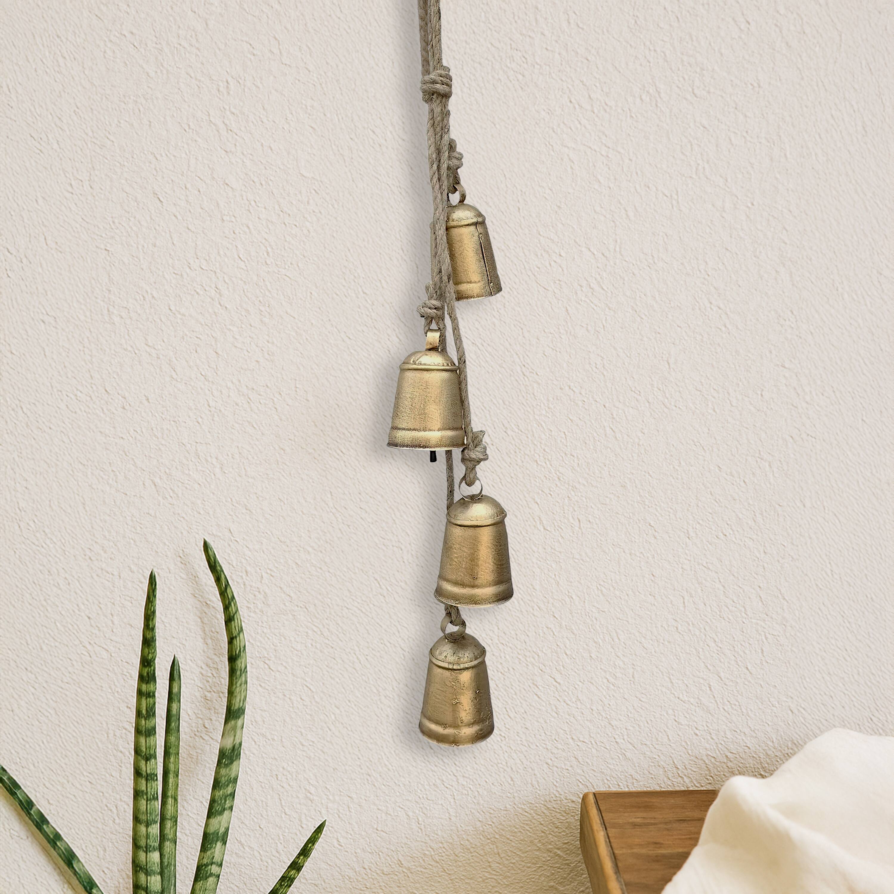 Alt View 7. Manhattan Lane - Zema Rustic Iron Hanging Bells Wall Decor, Cylindrical Cowbell on 28 Inch Jute Rope - Gold.