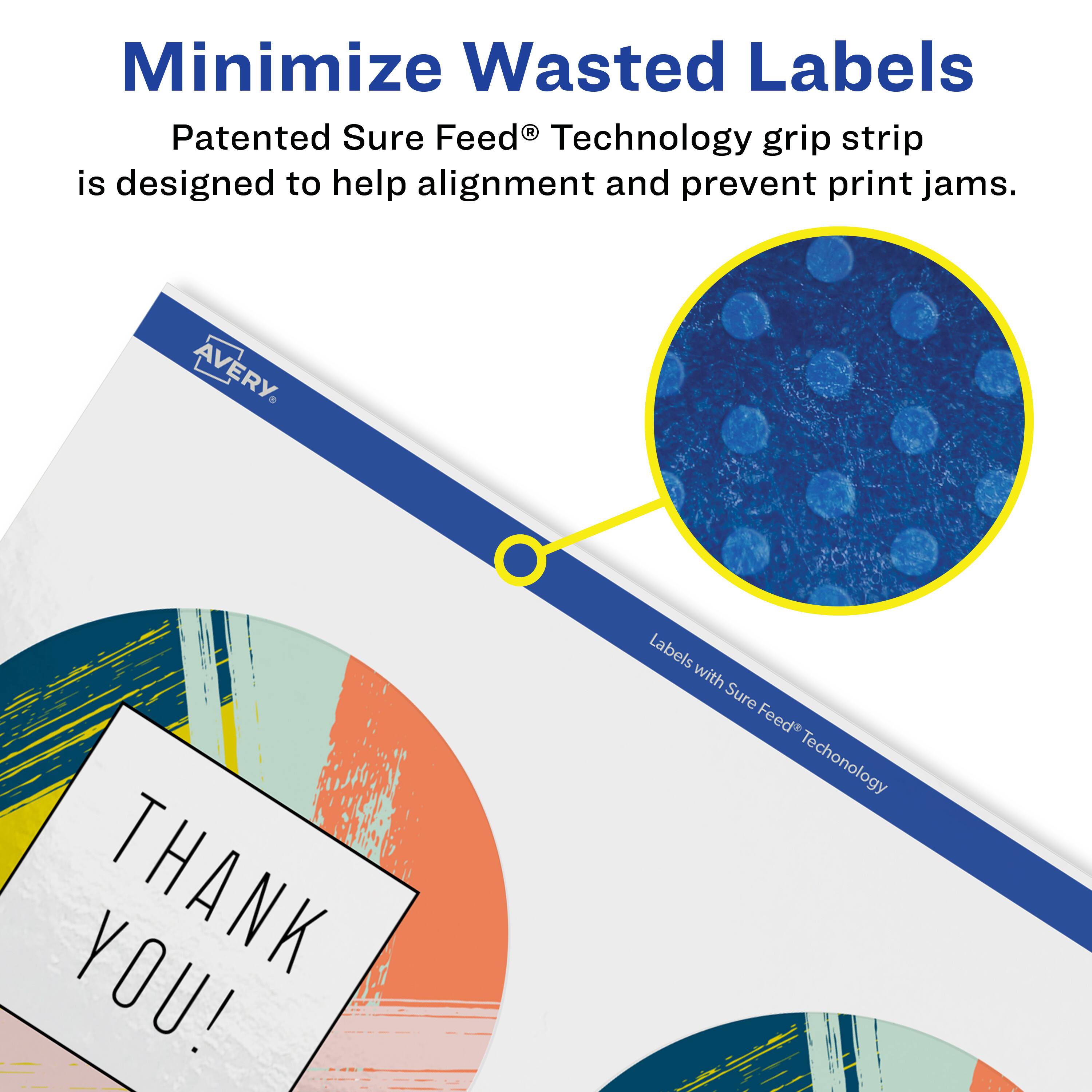 Minimize Wasted Labels

Patented Sure Feed® Technology grip strip is designed to help alignment and prevent print jams.

AVERY

Labels with Sure Feed® Technology

THANK YOU!