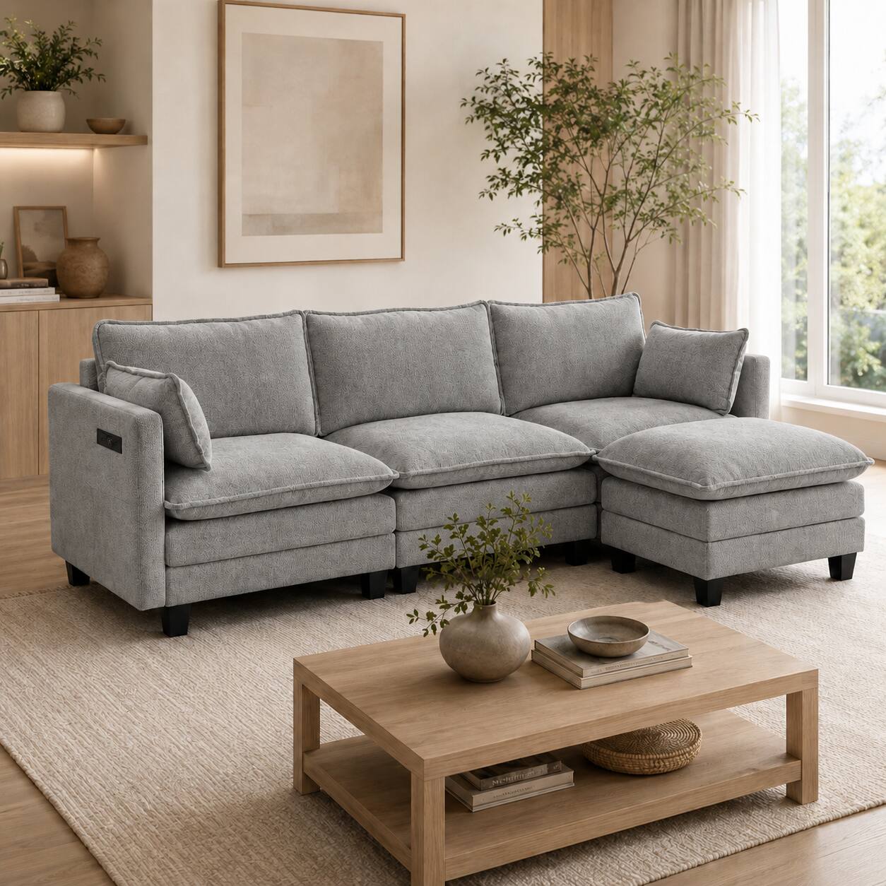 Left. Anysun - Modern Chenille 3-Seat Couch with Matching Ottoman, Built-in USB Ports and Side Pockets - Dark Grey.