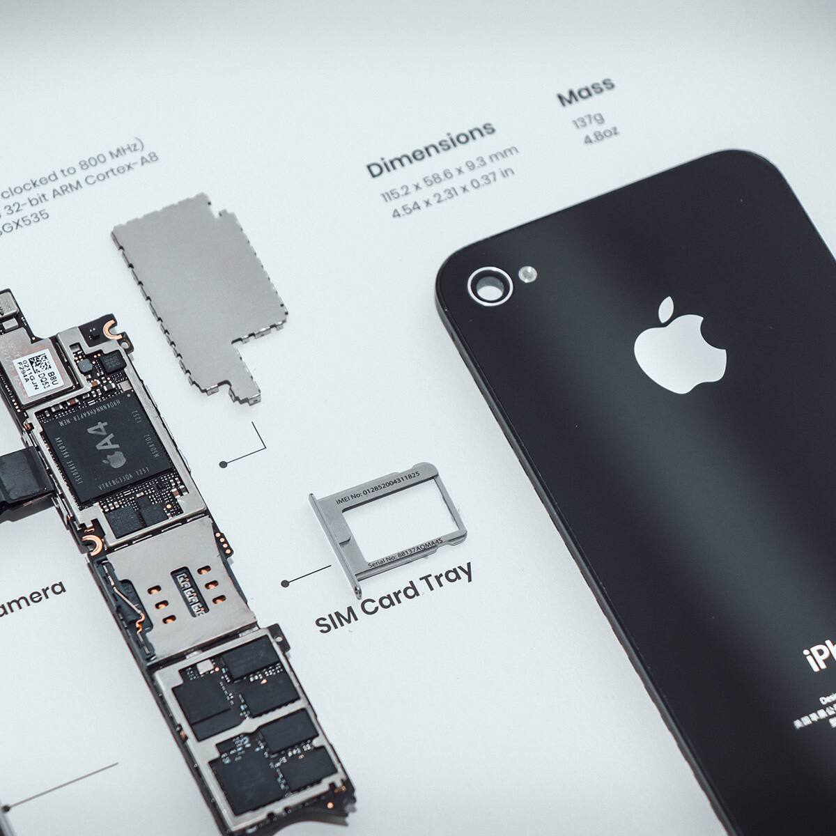 - 800 MHz) A8 to Cortex- clocked ARM | 32-bit ARM Cortex-A8 GX535
- Dimensions 115.2 x 58.6 x 9.3 mm (4.54 x 2.31 x 0.37 in)
- Mass 137g (4.8oz)
- SIM Card Tray
- Camera
- iPh