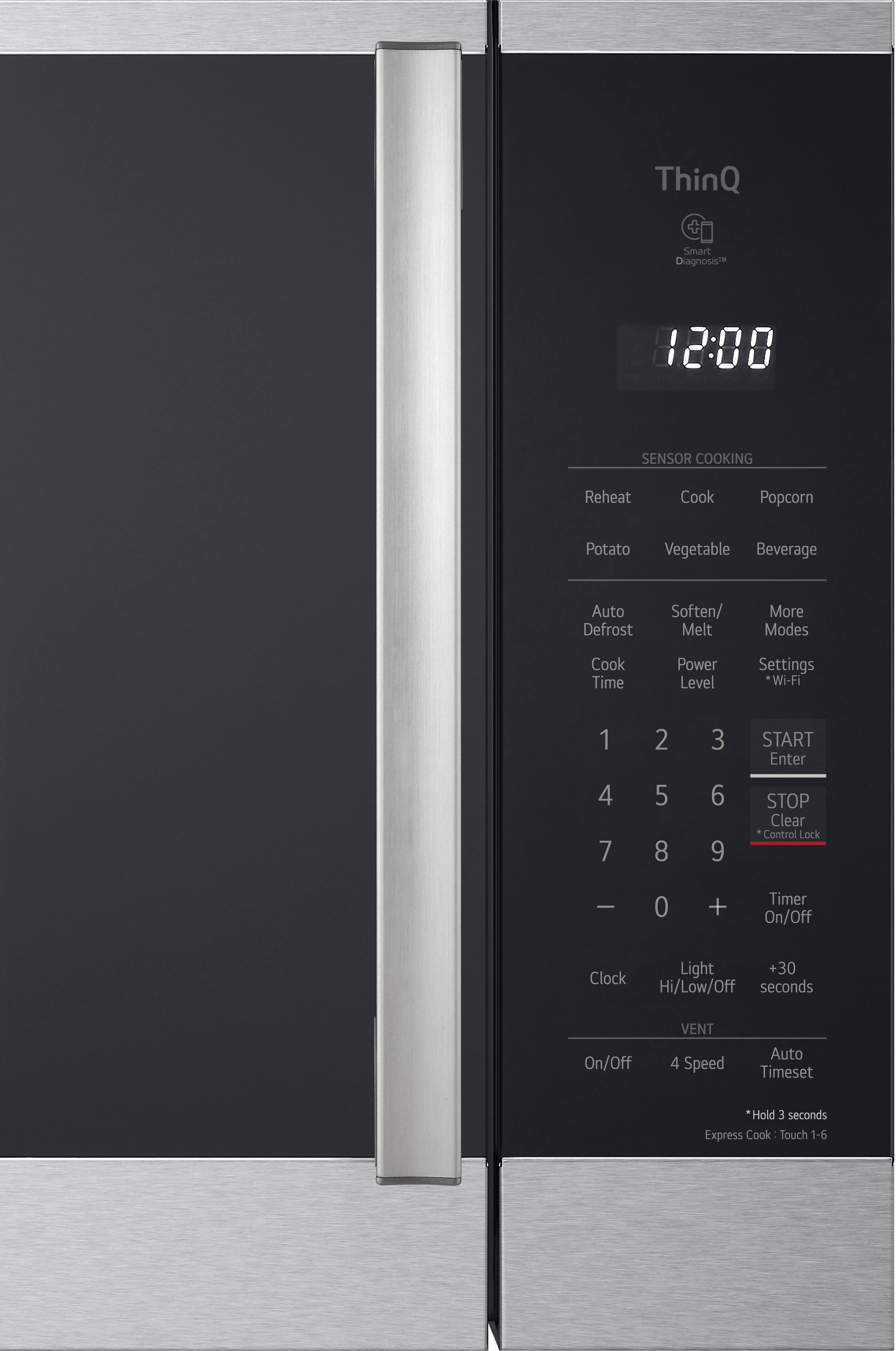 The text on the image reads "ThinQ Smart Diagnosis 12:08 SENSOR COOKING Reheat Cook Popcorn Potato Vegetable Beverage Auto Defrost Soften/ Melt More Modes Cook Time Power Level Settings Wi-Fi 1 4 7 2 5 8 3 6 9 START Enter STOP Clear Control Lock e 0 + Timer On/Off Light +30 Clock Hi/Low/Off seconds On/Off VENT 4 Speed Auto Timeset Hold 3 seconds Express Cook Touch 1-6". This text is a list of features and settings available on the ThinQ Smart Microwave.