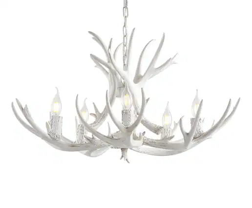 Front. Jonathan Y - Eldora 30" 5-Light Rustic Farmhouse Adjustable Resin Antler LED Chandelier, White - Antique White.