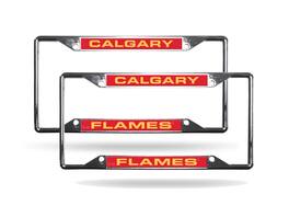 Rico Industries - Calgary Flames NHL (Set of 2) All Corner EZ View Chrome Metal Laser Cut License Plate Frames - Multi