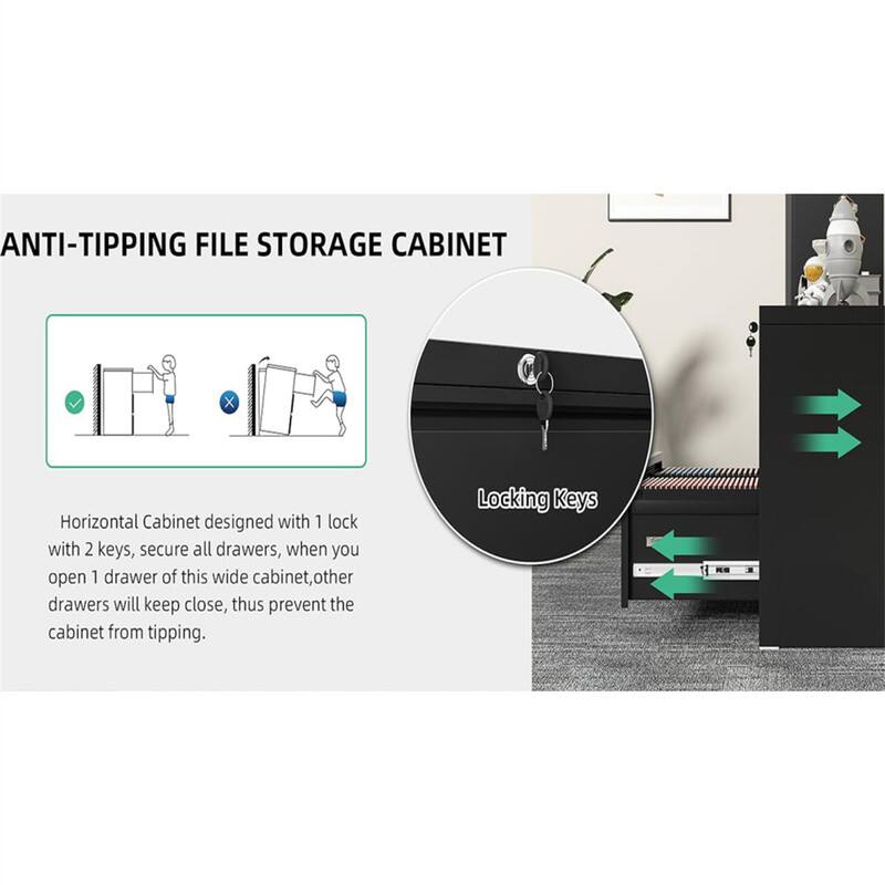 ANTI-TIPPING FILE STORAGE CABINET

Horizontal Cabinet designed with 1 lock with 2 keys, secure all drawers, when you open 1 drawer of this wide cabinet, other drawers will keep close, thus prevent the cabinet from tipping.

Locking Keys
