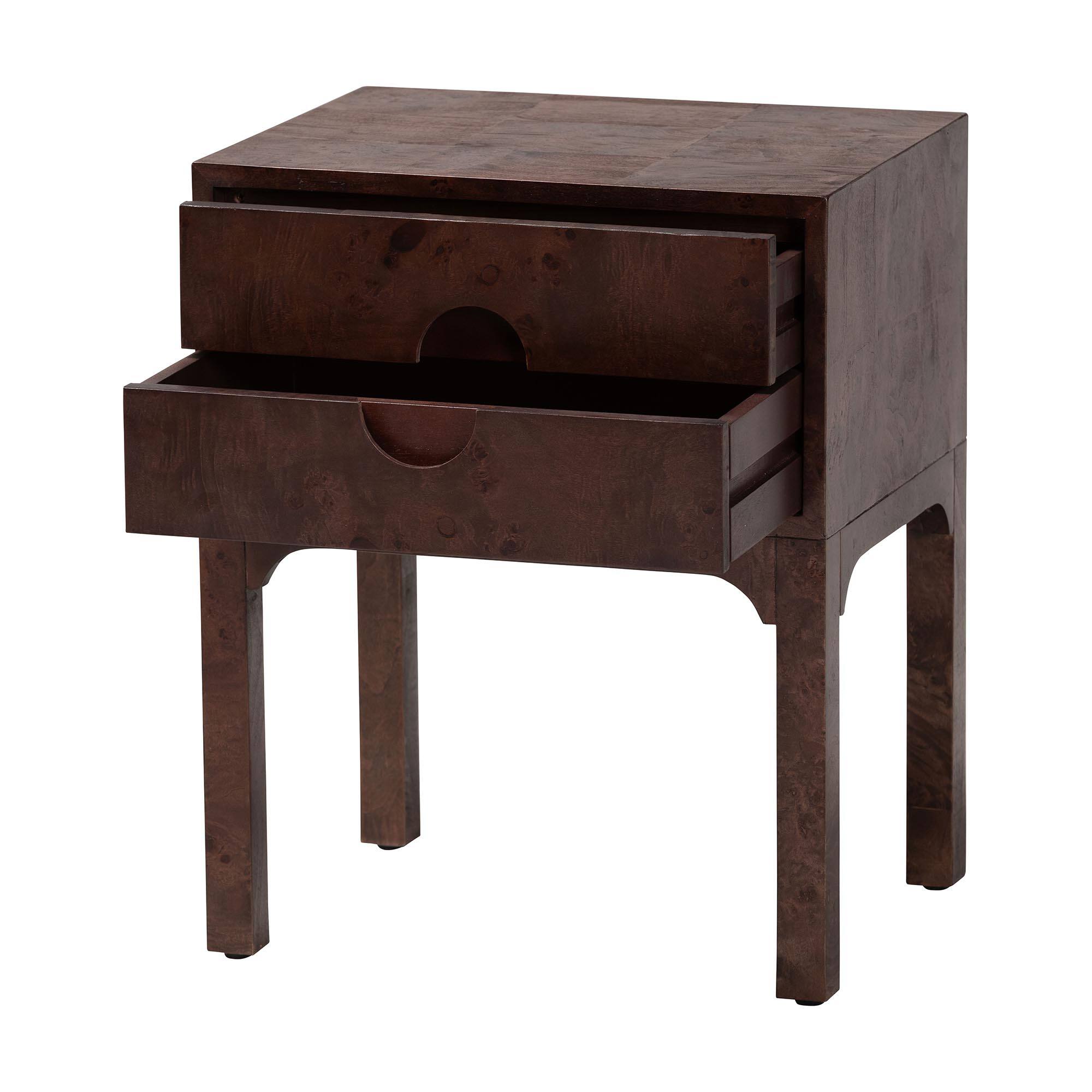 Angle. bali & pari - Kayla Real Burl Wood Nightstand - Modern Bedside Table with Two Drawers and Cutout Handle Design - Dark Walnut.
