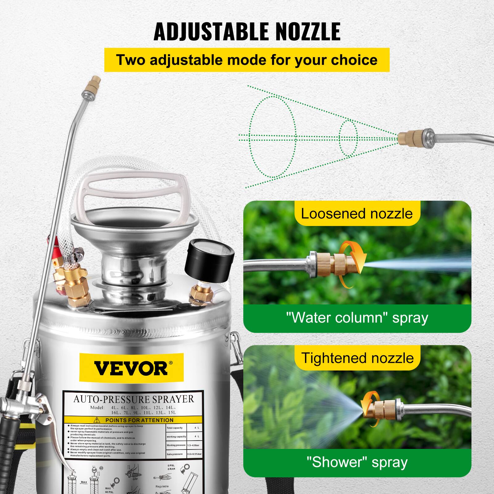ADJUSTABLE NOZZLE  
Two adjustable modes for your choice  

Loosened nozzle  
"Water column" spray  

Tightened nozzle  
"Shower" spray  

AUTO-PRESSURE SPRAYER  
Model: 4L, 6L, 8L, 10L, 12L, 14L, 16L, 7L, 9L, 11L, 13L, 15L  

POINTS FOR ATTENTION  
- Always read the instructions before use.  
- Do not use for flammable liquids.  
- Do not use for corrosive chemicals.  
- Do not use for food or drink.  
- Do not use for medical purposes.  
- Do not use for electrical equipment.  
- Do not use for high-pressure applications.  
- Do not use for high-temperature applications.  
- Do not use for high-voltage applications.  
- Do not use for high-frequency applications.  
- Do not use for high-speed applications.  
- Do not use for high-strength applications.  
- Do not use for high-impact applications.  
- Do not use for high-pressure applications.  
- Do not use for high-temperature applications.