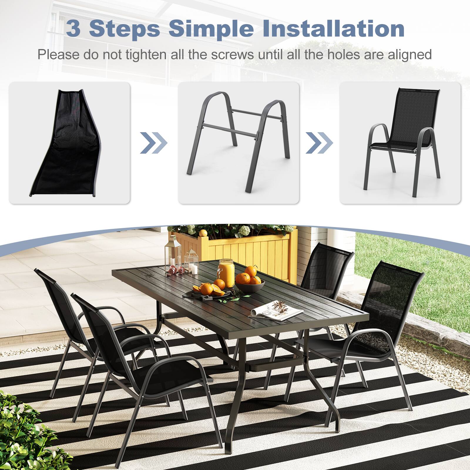 3 Steps Simple Installation  
Please do not tighten all the screws until all the holes are aligned