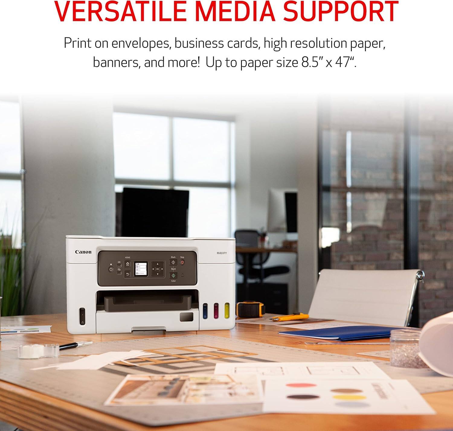 VERSATILE MEDIA SUPPORT

Print on envelopes, business cards, high resolution paper, banners, and more! Up to paper size 8.5" x 47".