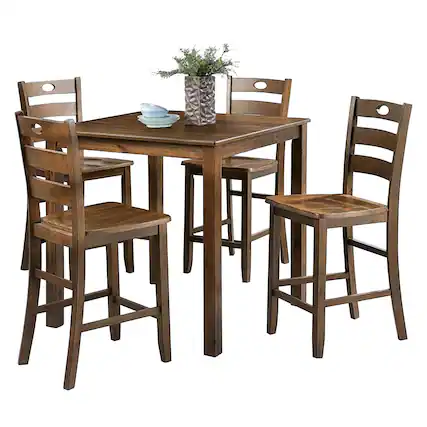 Front. Vaczon - 5-Piece Walnut Counter Height Table Set, Solid Rubberwood Dining Set with Slat Back Chairs for Kitchen & Dining Room - Walnut.