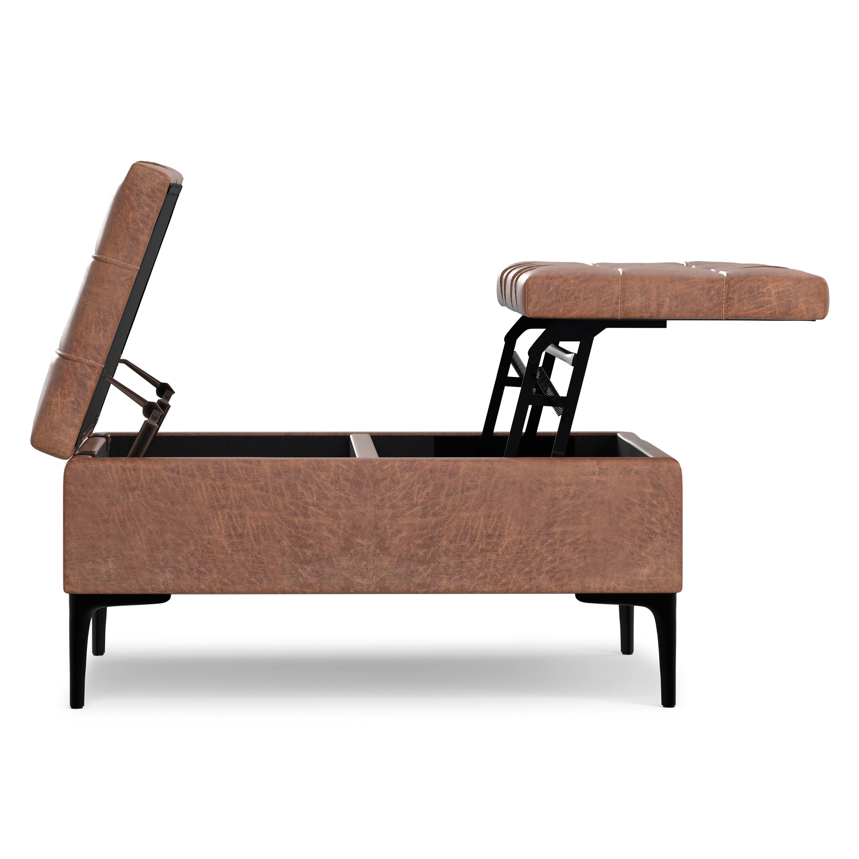Alt View 1. Simpli Home - Laura 36 inch Wide Mid Century Square Lift Top Storage Ottoman in Distressed Saddle Brown  Vegan Faux Leather, Assembled - Distressed Saddle Brown.