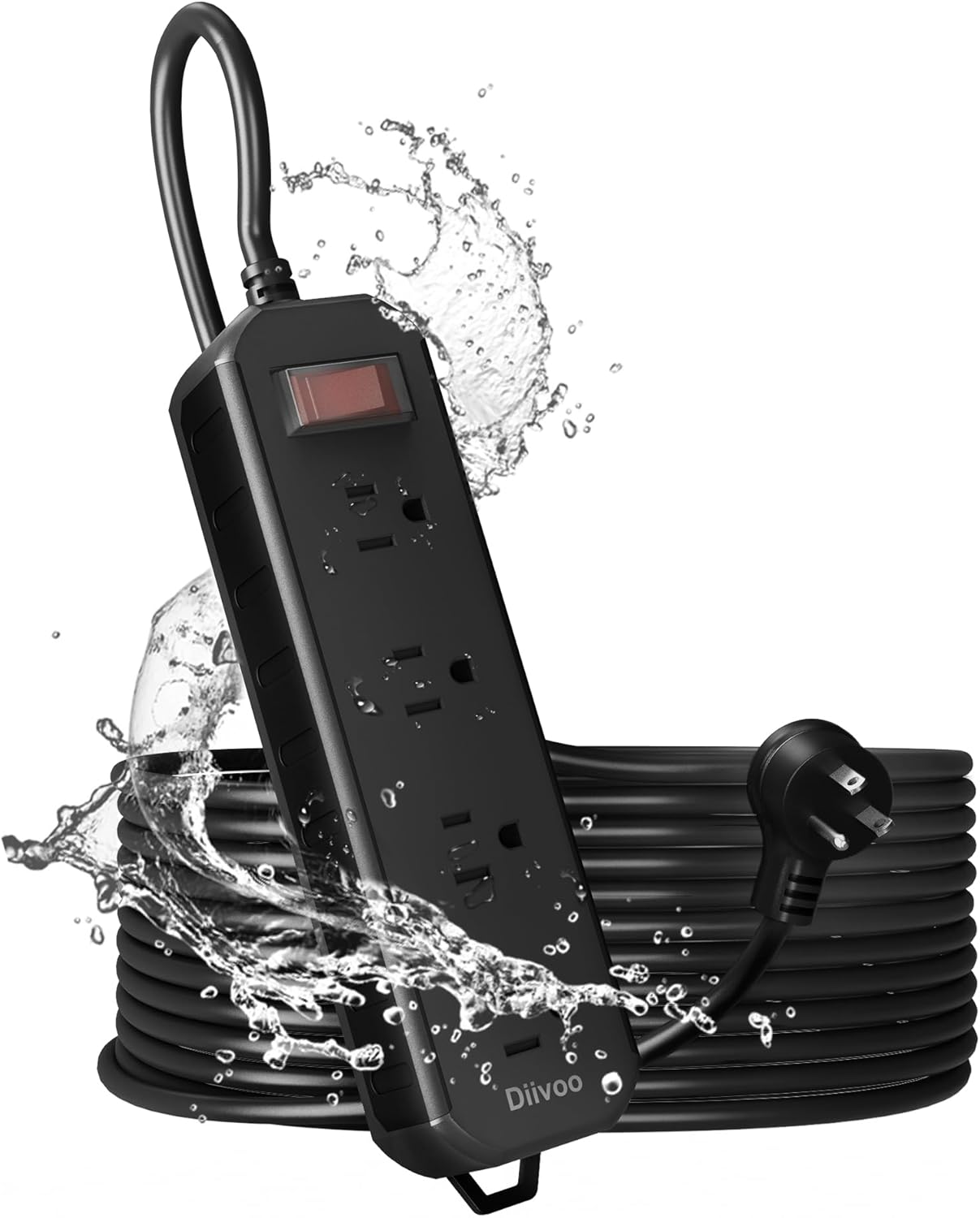 Front. Wikistore - 25 FT Outdoor Power Strip Weatherproof with 4 Outlets 1700J Surge Protection Flat Plug - Black.