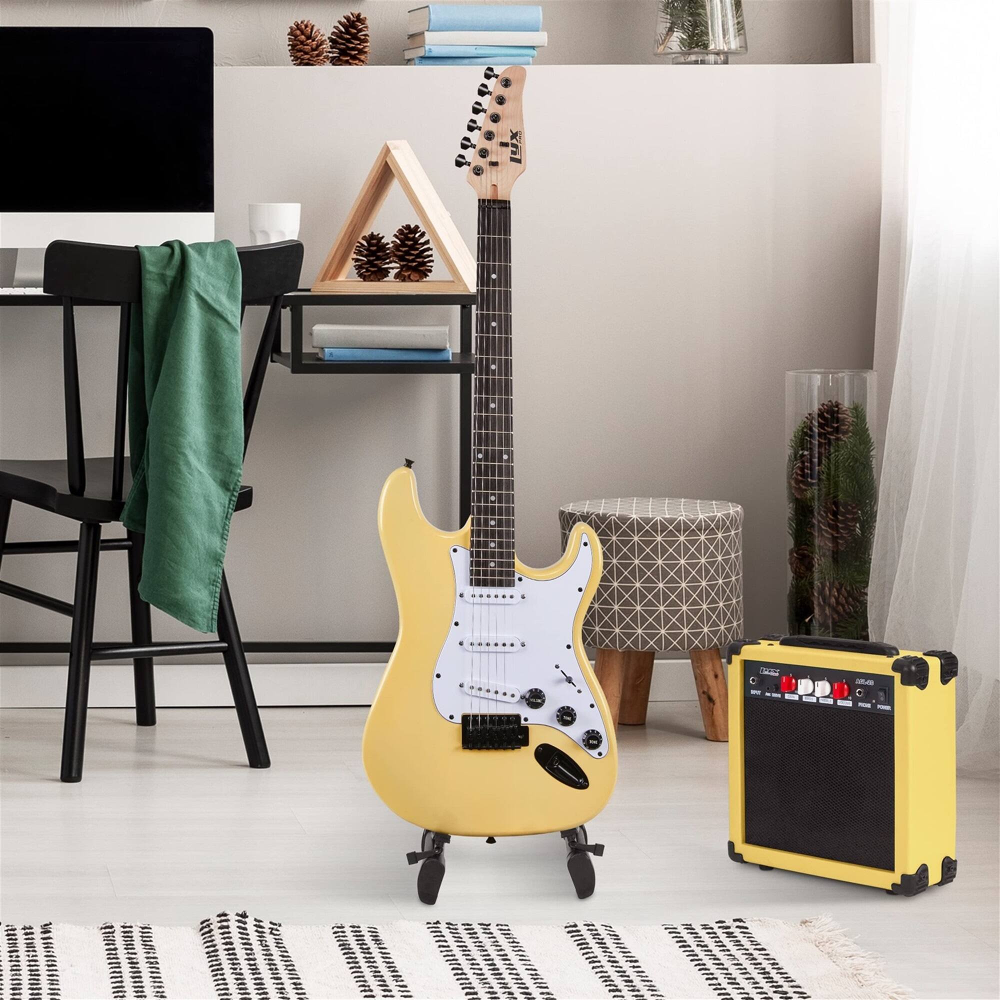 Alt View 6. Lyxpro - Electric Guitar Kit, 39” Electric Guitar with Amp & Electric Guitar Accessories - Retro Yellow.