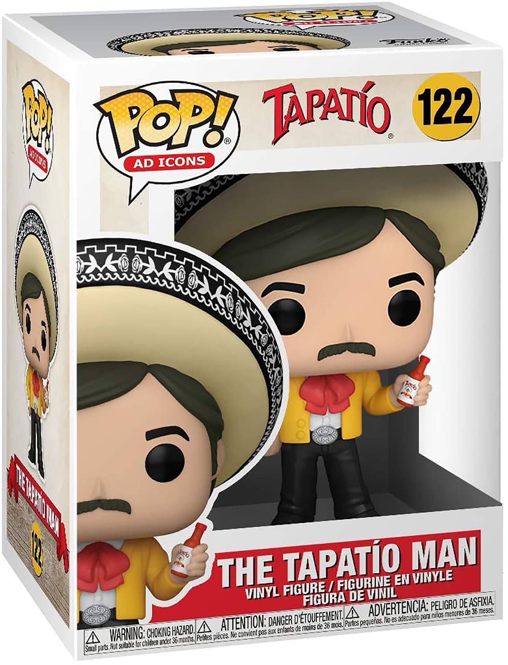 Sure, here is the corrected and grouped text from the image:

---

**Top Left:**
- POP!
- AD ICONS

**Top Center:**
- TAPATIO
- 122

**Top Right:**
- POP!
- AD ICONS

**Middle Left:**
- THE TAPATIO MAN
- 122

**Middle Center:**
- THE TAPATIO MAN
- VINYL FIGURE / FIGURINE EN VINYLE
- FIGURA DE VINIL

**Bottom Center:**
- WARNING: CHOKING HAZARD - Small parts. Not suitable for children under 36 months.
- ATTENTION: DANGER D'ÉTOUFFEMENT - Petites pièces. Ne convient pas aux enfants de moins de 36 mois.
- ADVERTENCIA: PEORIGRO DE ASFIXIA. Partes pequeñas. No es adecuado para niños menores de 36 meses.

**Bottom Right:**
- FUNKO

---