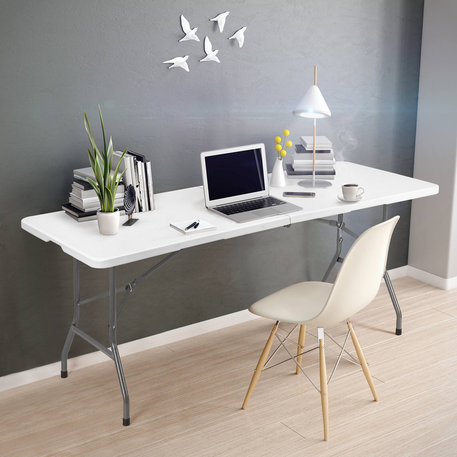 Alt View 1. Oumilen - 6ft White Bi-Fold Folding Table with Carry Handle - White.