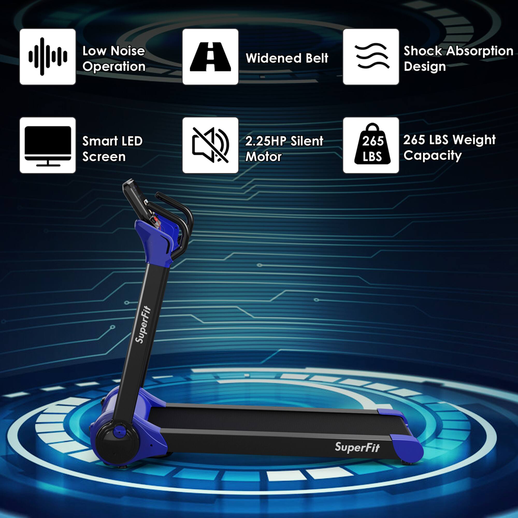 Low Noise Operation  
Widened Belt  
Shock Absorption Design  
Smart LED Screen  
2.25HP Silent Motor  
265 LBS Weight Capacity  
SuperFit