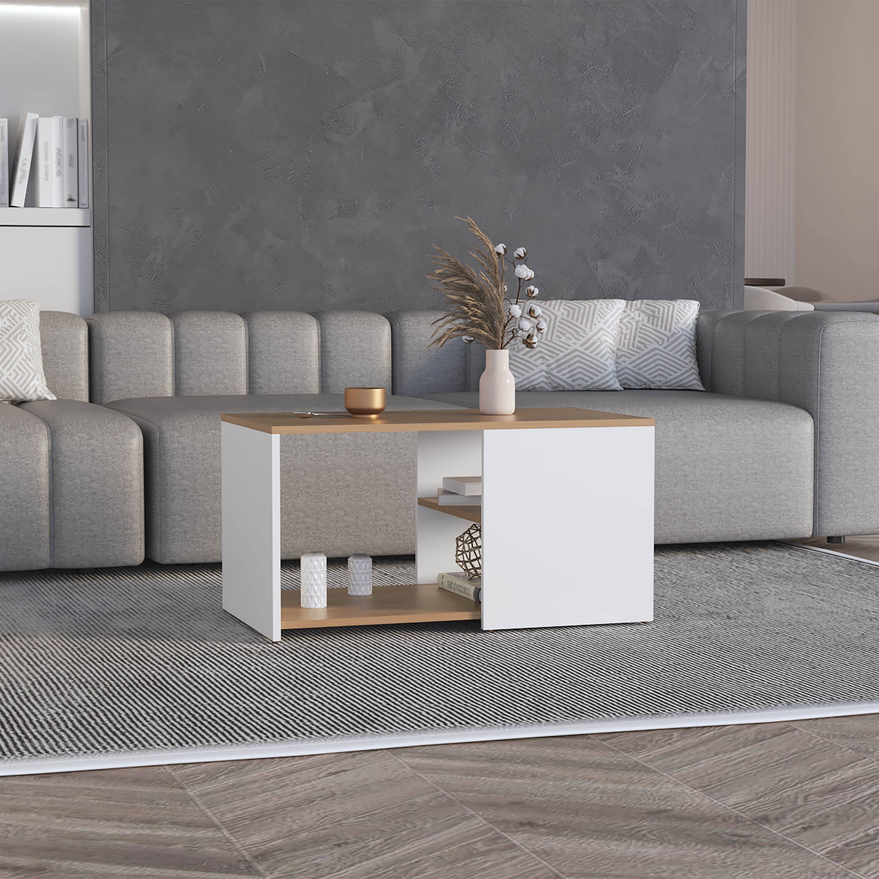 Angle. TuHome - Adele Wide Coffee Table With Three Shelves, Living Room, Tables, Lounge Room - Natural Oak - White.