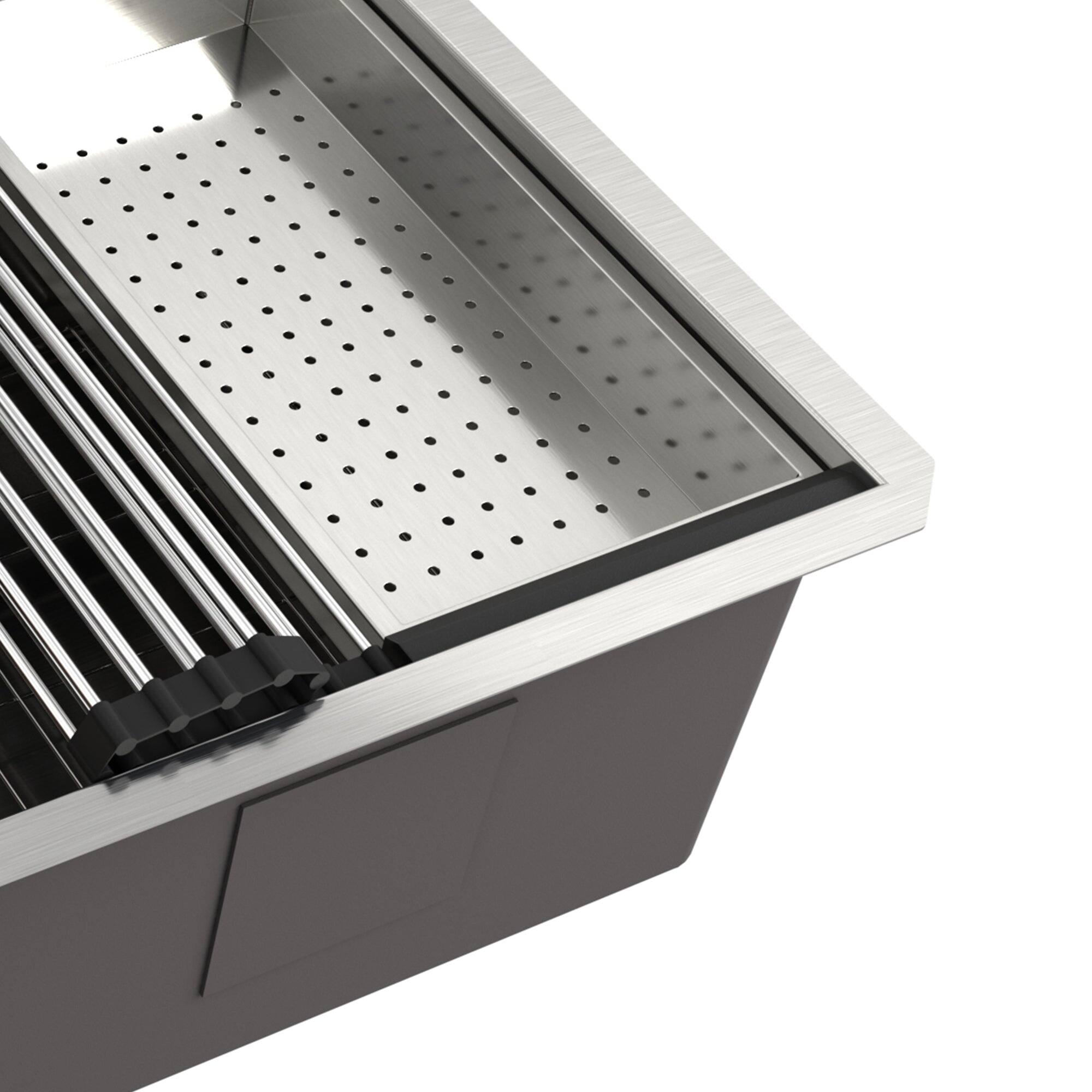 Angle. Boyel Living - 32 in. Undermount Single Bowl 18-Gauge Stainless Steel Kitchen Sink with Cutting Board, Rolling Drying Rack, Colander - Silver.