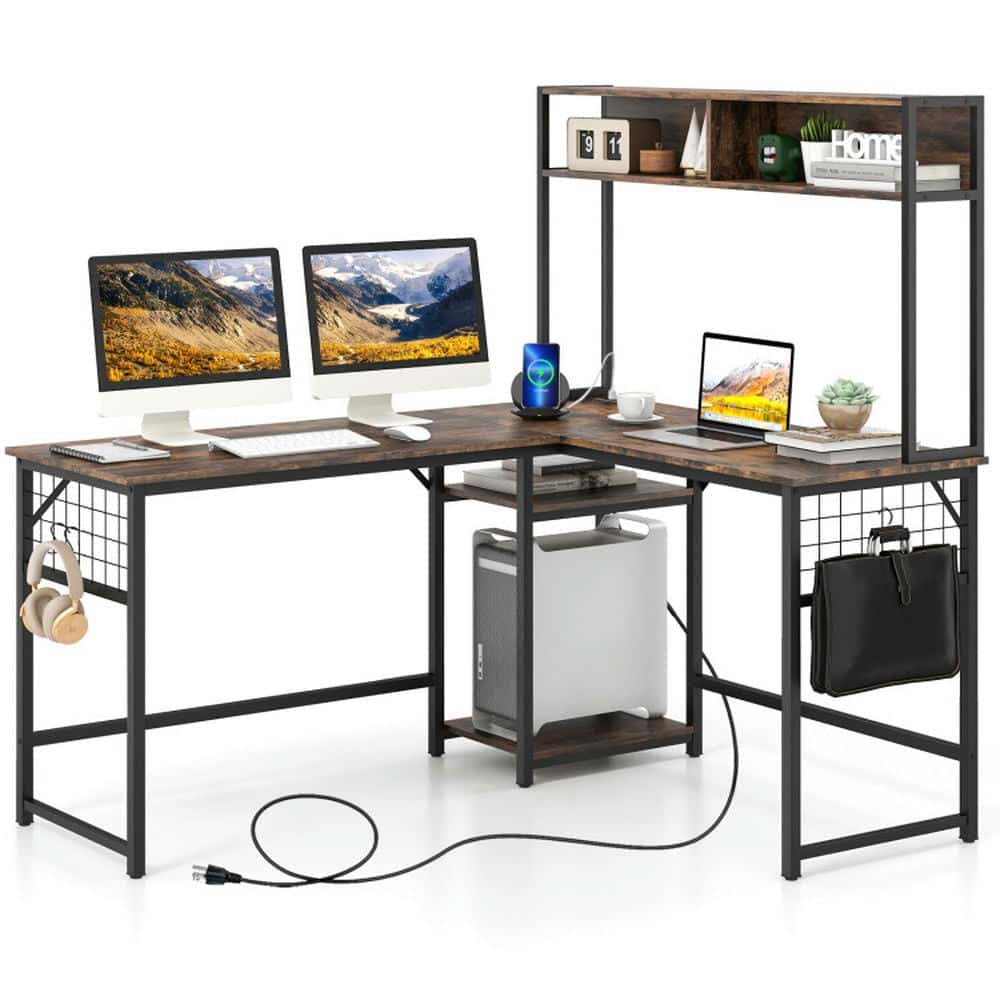 Kadyn - L-shaped Desk with Power Outlet Hutch-Rustic Home Office Desks, Gaming Computer Desks for Study,Working,Writing - Brown